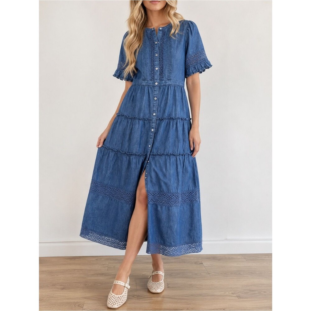 NWT Gap x LoveShackFancy Denim Tiered Midi Dress L Dark Wash Lace Button Front